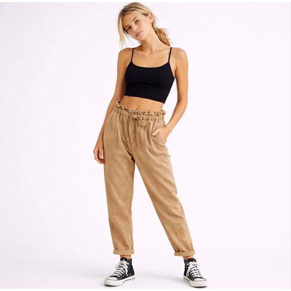 Free People Margate Drawstring Paperbag Pants Khaki Sz XS
